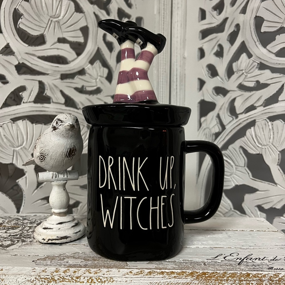 Rae Dunn Halloween Lidded Coffee Mug with Witch Leg Topper “Drink Up, Witches”